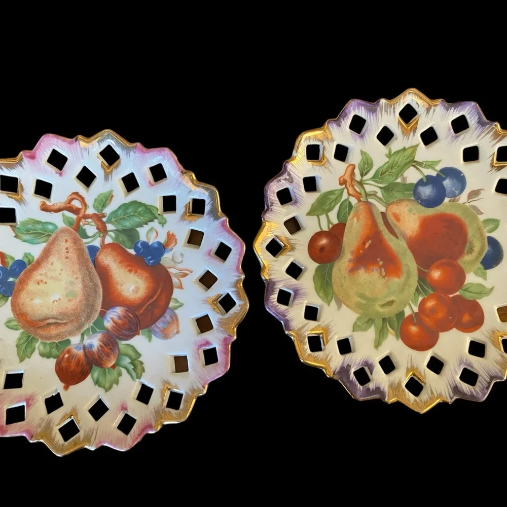 Vintage Reticulated Fruit Plates Pair 7” Hand Painted Lace Edge